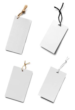 Beyaz arkaplandaki çeşitli fiyat etiketleri koleksiyonu. Her biri ayrı ayrı çekiliyor.