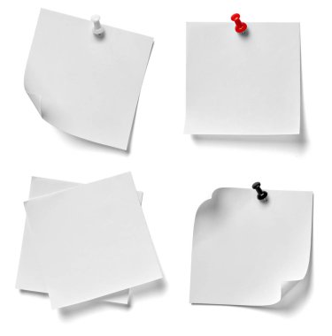 beyaz zemin üzerine kırmızı bir iğneye çeşitli not kağıdına topluluğu. her biri ayrı ayrı vurulur