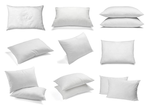 collection of various white pillows on white background. each one is shot separately