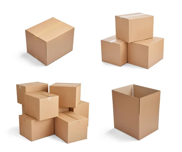 Collection Various Stacks Cardboard Boxes White Background — Stock Photo, Image