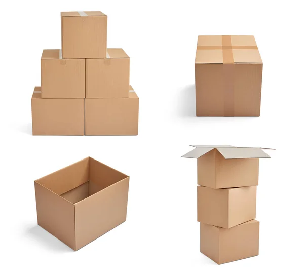 Collection Various Stacks Cardboard Boxes White Background — Stock Photo, Image