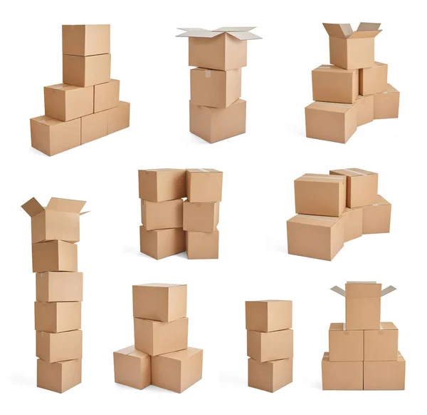 Collection Various Cardboard Boxes White Background — Stock Photo, Image