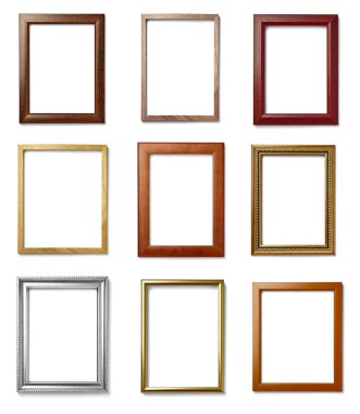 Beyaz arkaplanda çeşitli eski ahşap çerçeve koleksiyonu