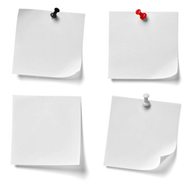 beyaz zemin üzerine kırmızı bir iğneye çeşitli not kağıdına topluluğu. her biri ayrı ayrı vurulur