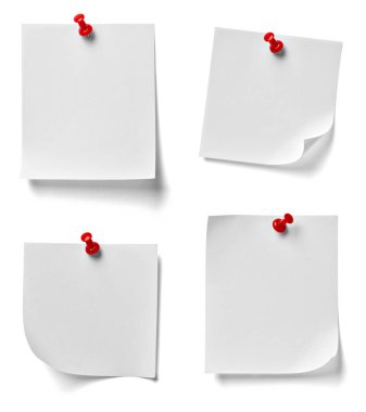 beyaz zemin üzerine kırmızı bir iğneye çeşitli not kağıdına topluluğu. her biri ayrı ayrı vurulur