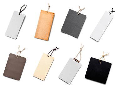 Beyaz arkaplandaki çeşitli fiyat etiketleri koleksiyonu. Her biri ayrı ayrı çekiliyor.