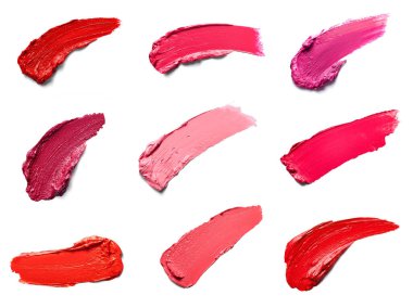 Beyaz arka planda çeşitli ruj lekeleri var. Her biri ayrı ayrı çekiliyor.