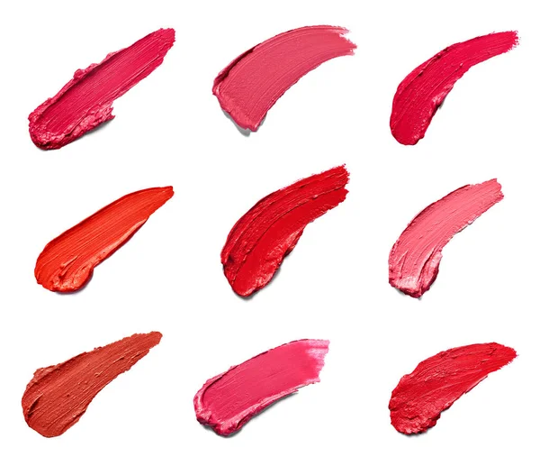 Sammlung Verschiedener Lippenstiftfarben Auf Weißem Hintergrund Jeder Wird Einzeln Erschossen — Stockfoto