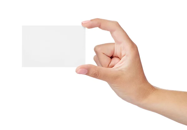 白い背景に空白のメモカードのサインを持っている女性の手の終わり — ストック写真