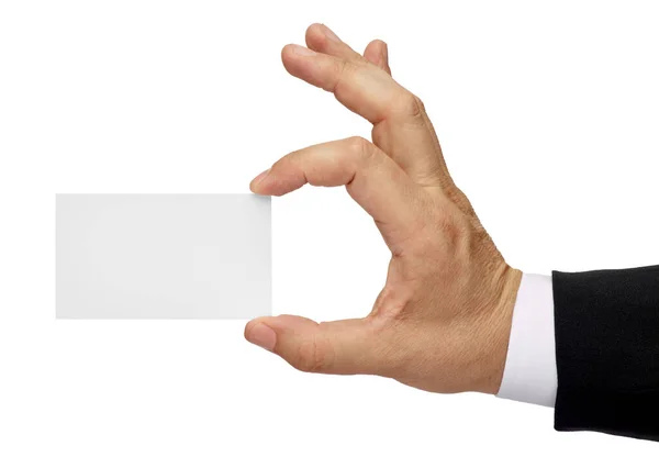 Close Male Hand Holding Blank Note Card Sign White Background — Stock Photo, Image