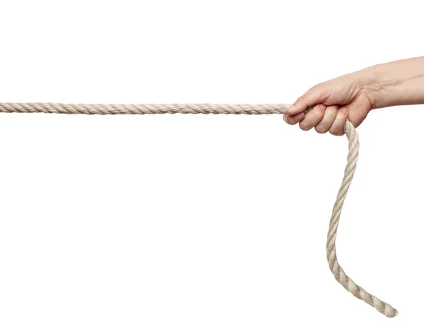 Nahaufnahme Einer Hand Die Ein Seil Auf Weißem Hintergrund Zieht — Stockfoto