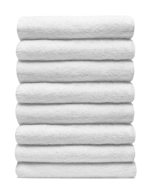 Κοντινό Πλάνο Μιας Στοίβας Από Λευκές Πετσέτες Μπάνιο Λευκό Φόντο — Φωτογραφία Αρχείου