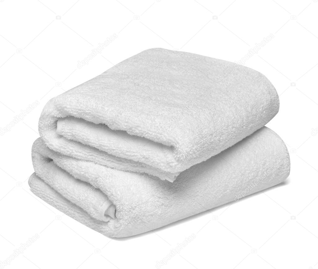 close up of a stack of white towels bathroom on white background
