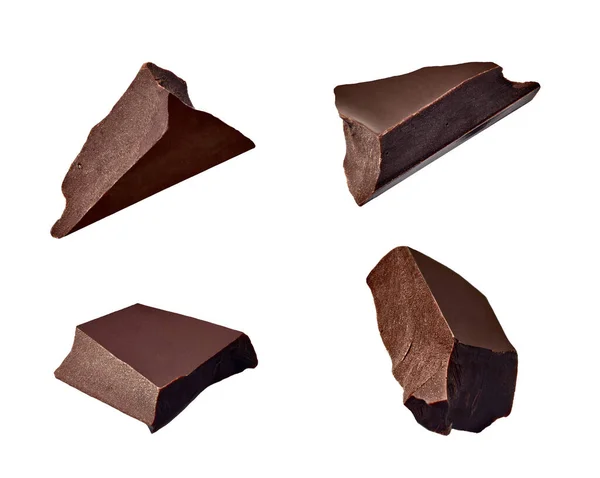 Close Van Chocolade Stukken Vallen Witte Achtergrond — Stockfoto