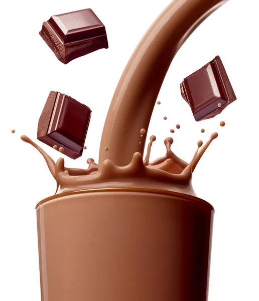 Nahaufnahme Von Schokoladenmilch Glas Und Schokoladenstücken Auf Weißem Hintergrund — Stockfoto
