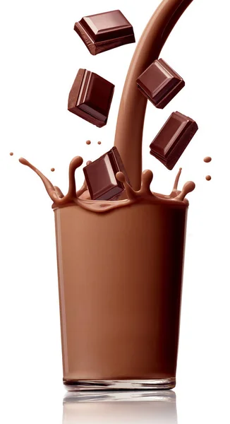 Закрытие Шоколадного Молока Брызг Стекле Шоколад Частей Белом Фоне — стоковое фото
