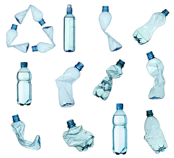 Samling Olika Plastflaskor Vit Bakgrund Var Och Skjuts Separat — Stockfoto