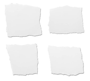 Beyaz zemin üzerinde beyaz yırtık kağıt parçaları koleksiyonu. Her biri ayrı ayrı çekiliyor.