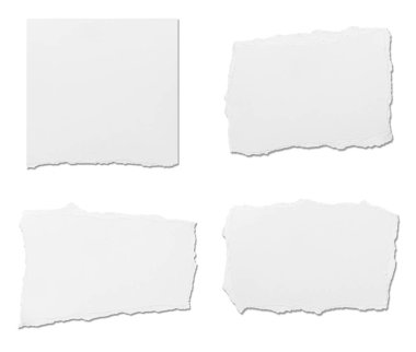 Beyaz zemin üzerinde beyaz yırtık kağıt parçaları koleksiyonu. Her biri ayrı ayrı çekiliyor.