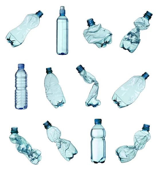 Samling Olika Plastflaskor Vit Bakgrund Var Och Skjuts Separat — Stockfoto