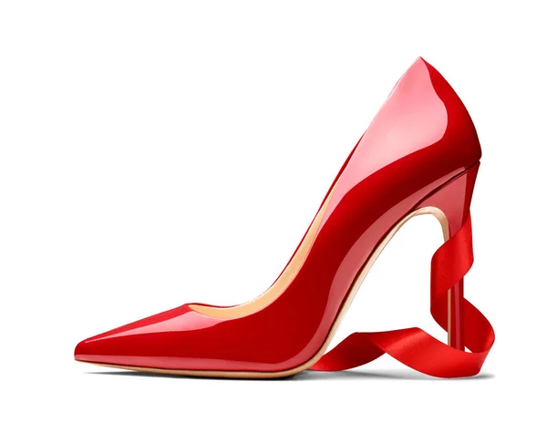 Close Red High Heels Ribbon White Background — Stock Photo, Image