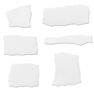 Beyaz zemin üzerinde beyaz yırtık kağıt parçaları koleksiyonu. Her biri ayrı ayrı çekiliyor.