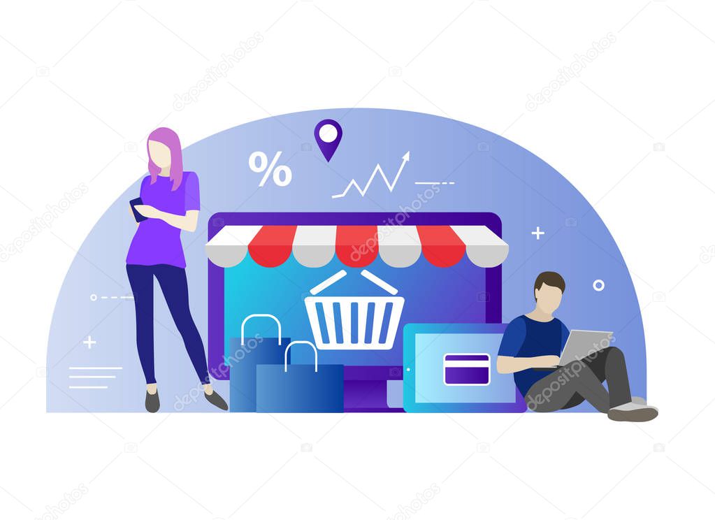 Flat design banner of E-Commerce and E-Shopping for website and mobile website. Young people use e-commerce for shopping. Easy to use and highly customizable