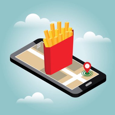 İzometrik şehir. Gıda teslim. Sosisli. Mobil arama. Geo izleme. Kışın Map.Isometric şehir. Gıda teslim.