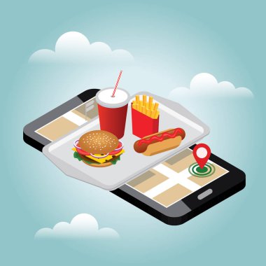 İzometrik hamburguer, kola soda ile saman patates kızartması garson tepsi ile sosisli. Fast food. Gösterim amacıyla tasarım fast food menü