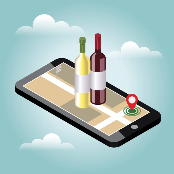 Izometrické potravin přináší. Hledáte bar nebo večeři. Mobilní hledání. Bar nebo obchod s vínem. Geo sledování. Mapa — Stockový vektor