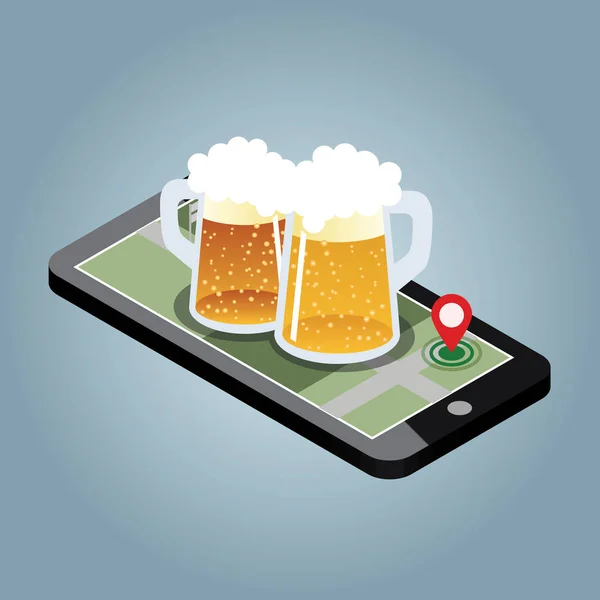 Hledáte bar. Mobilní hledání. Izometrické mobile a pivo. Geo sledování. Mapa — Stockový vektor