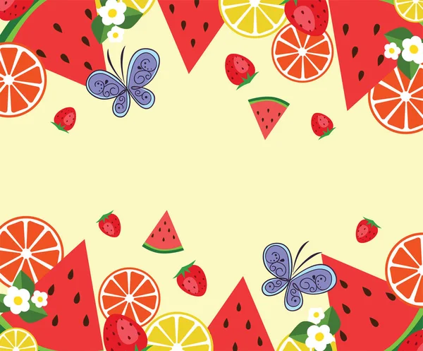 Rama szablon withwatermelons, pomarańcze, truskawki i kwiaty. Tło wektor — Wektor stockowy