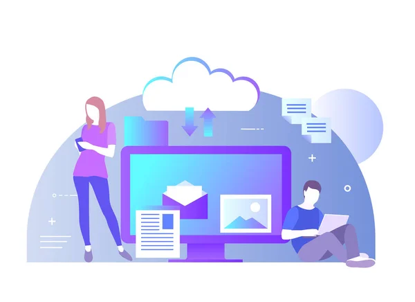 Illustrazione vettoriale piatta del cloud per tutti i dispositivi. Tutto nel tuo dispositivo o nel cloud storage. I giovani usano le tecnologie cloud per leggere notizie, chattare, cambiare foto — Vettoriale Stock