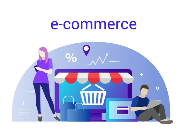 Banner de design plano de E-Commerce para site e site móvel. Fácil de usar e altamente personalizável —  Vetores de Stock