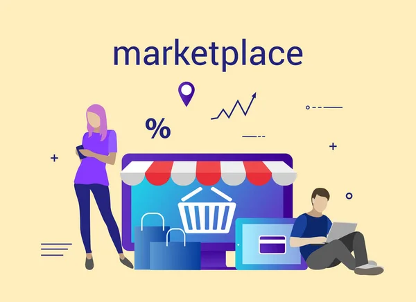 Banner de diseño plano de E-Commerce y E-Shopping para sitio web y sitio web móvil. En el mercado. Fácil de usar y altamente personalizable — Vector de stock