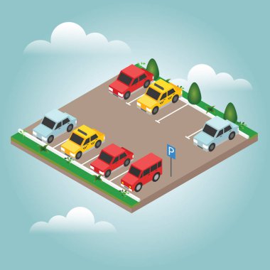 İzometrik arabalar araba park. Şehir Park vektör web afiş izometrik düz vektör tarzı. 3D izometrik Kentsel şehir Infographic kavramı düz.