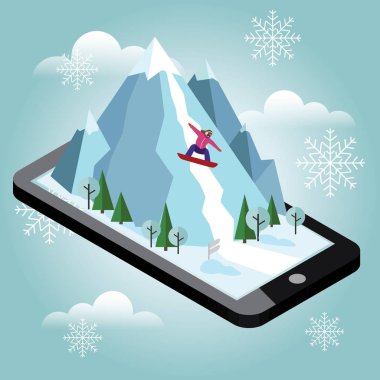İzometrik vektör dağdan çeker. Mobil navigasyon. Videolar ve Fotoğraflar telefon hafızasına keeped. Snowboard, kış sporu. Olimpik oyunlar, rekreasyon yaşam tarzı, etkinlik hız aşırı