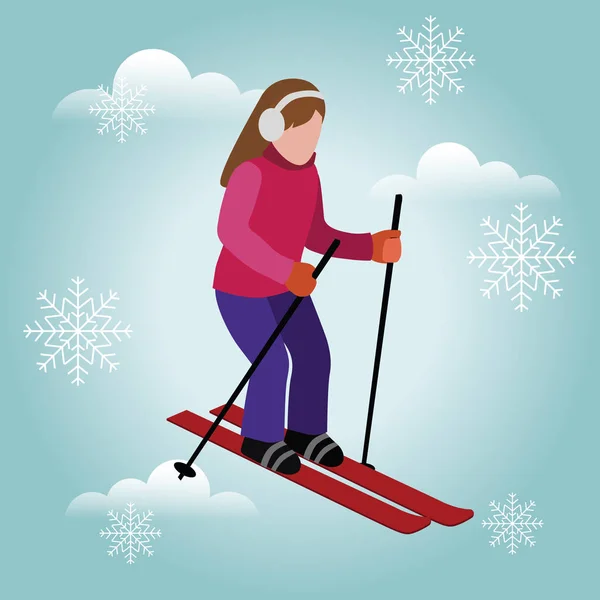 Изометрическая женщина катается на лыжах. Лыжные гонки, зимний спорт. Олимпийские игры, рекреационный образ жизни, экстремальная скорость — стоковый вектор