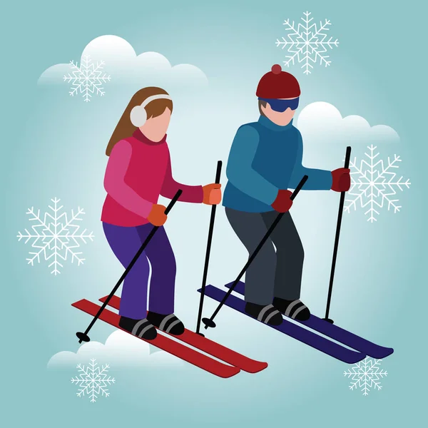 Isométrique isolé homme et femme skiant. Un couple heureux adore skier. Ski de fond, sports d'hiver. Jeux d'Olimpic, mode de vie de loisirs, vitesse d'activité extrême — Image vectorielle