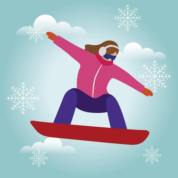 Isometrische geïsoleerde vector vrouw snowboarder. Stedelijke stijl en warme trucs in park. Snowboarden, wintersport. Olimpic spelletjes, recreatie levensstijl, activiteit snelheid extreme — Stockvector