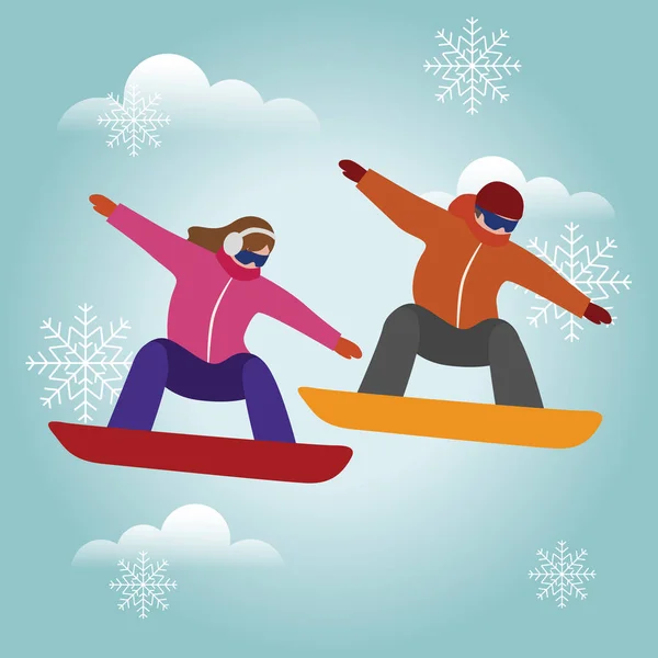 Isometrische isolierte Vektor Mann und Frau Snowboarder. Urban Style und heiße Tricks im Park. Snowboard, Wintersport. Olympische Spiele, Freizeitgestaltung, Aktivitätsgeschwindigkeit extrem — Stockvektor