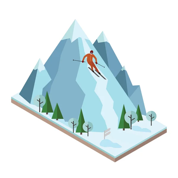 아이소메트릭 벡터 사람 산에서 당긴 다. 알파인 스키, 겨울 스포츠입니다. Olimpic 게임, 레크리에이션 라이프 스타일, 활동 속도 익 스 트림 — 스톡 벡터