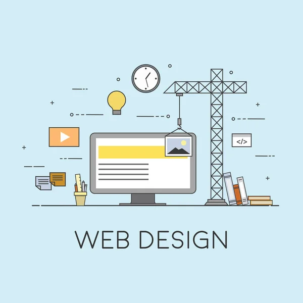 Flat mobile UI UX design web infographic concept vector. Crane creating interface on screen. User interface experience, usability, mockup, wireframe development concept. — Stock Vector