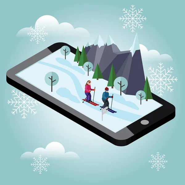 Isometric man and woman skiing. Mobile navigation. Happy couple loves skiing. Videos and photos keeped in phone memory. Cross country skiing, winter sport. Olimpic games, recreation lifestyle extreme — Stock Vector