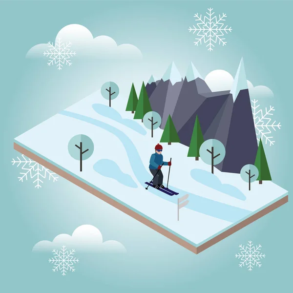 Isometric man skiing. Cross country skiing, winter sport. Olimpic games, recreation lifestyle, activity speed extreme — Stock Vector