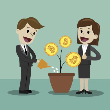 Kripto-döviz piyasasında. İş adamı ve iş kadını büyüme Bitcoins için arıyorum