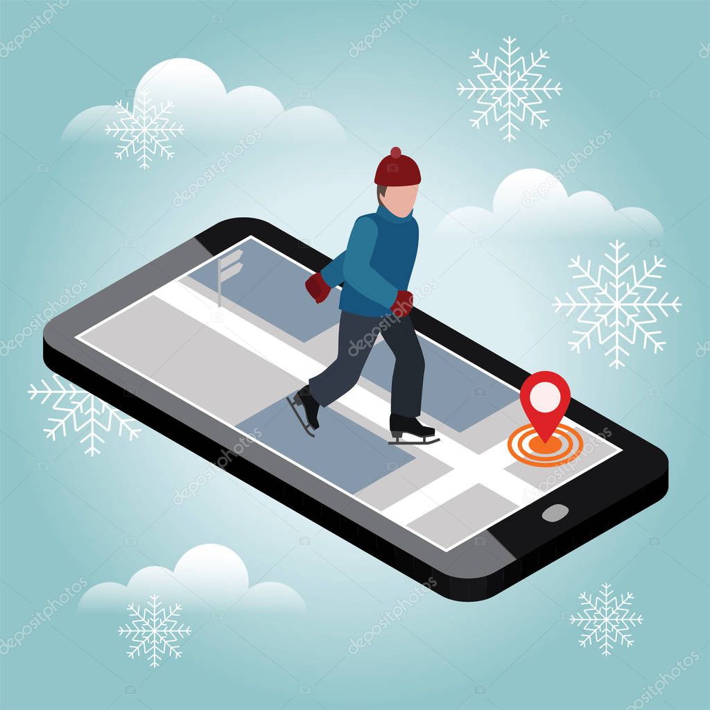 Isometric man skating. Winter sport. Mobile navigation. Recreation lifestyle, activity speed