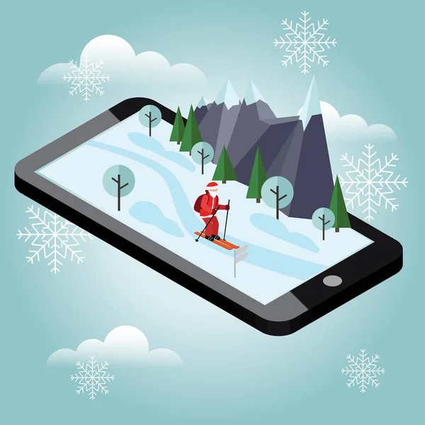 Isométrique Père Noël ski. Santa Cross country mobile navigation aide le Père Noël à livrer des cadeaux. Noël et le Nouvel An arrivent. Ski de fond, sports d'hiver — Image vectorielle