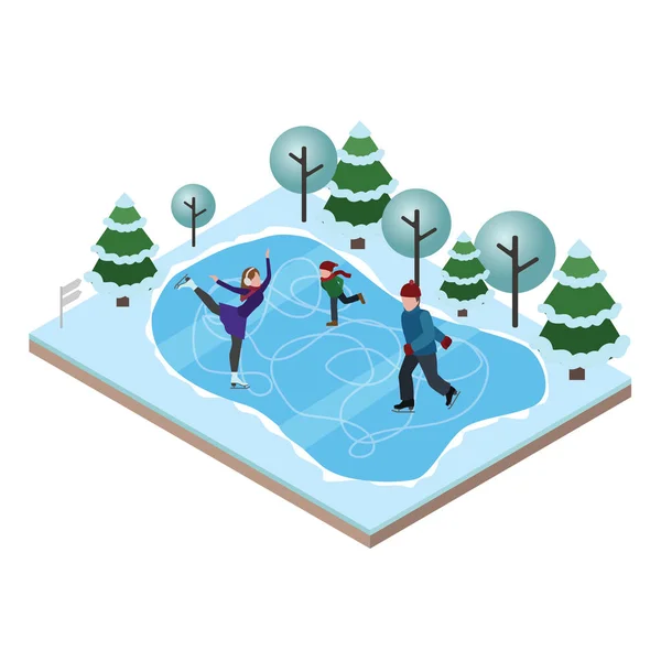 Isometric isolated happy family skating. Recreation lifestyle, activity speed extreme — Stock Vector