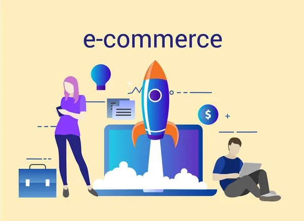 E-commerce uruchamiania. Ilustracja wektorowa z rakiety i laptop na tle. Łatwe w obsłudze i wysoce konfigurowalny — Wektor stockowy